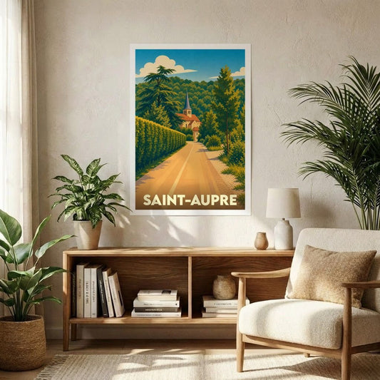 Affiche souvenir de la ville de Saint-Aupre représentant une illustration stylisée d'un chemin menant à l'église.