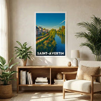Affiche souvenir de la ville de Saint-Avertin avec une illustration stylisée d'un paysage au bord de l'eau.