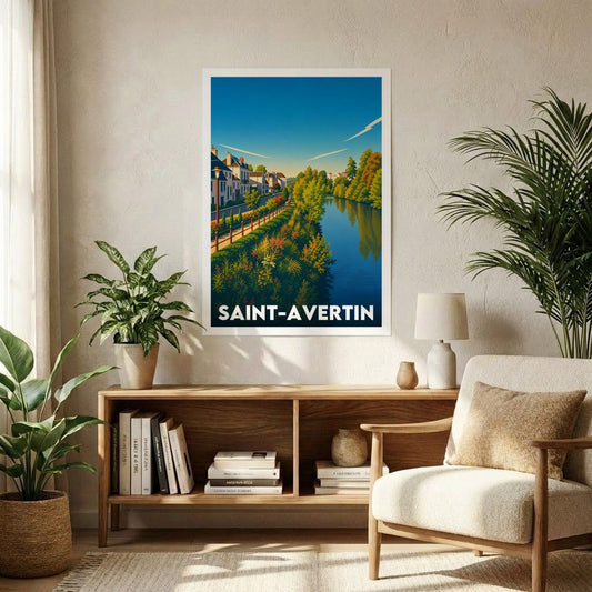 Affiche souvenir de la ville de Saint-Avertin avec une illustration stylisée d'un paysage au bord de l'eau.