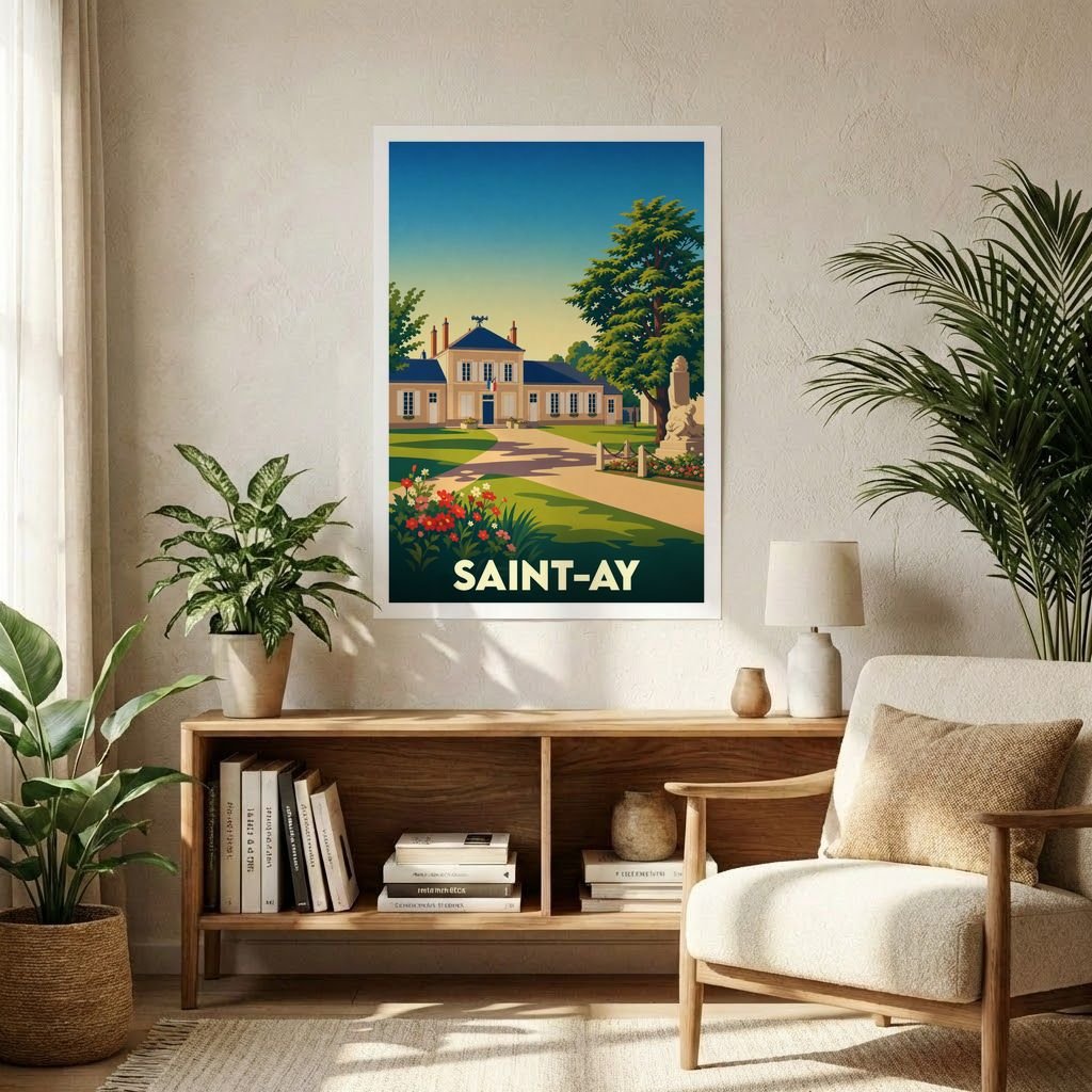 Affiche souvenir de la ville de Saint-Ay avec une illustration stylisée et colorée.