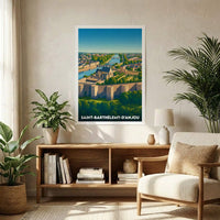 Affiche souvenir de la ville de Saint-Barthélemy-d'Anjou avec une illustration stylisée de son patrimoine architectural.