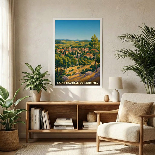 Affiche souvenir de la ville de Saint-Bauzille-de-Montmel avec une illustration de paysage vallonné.