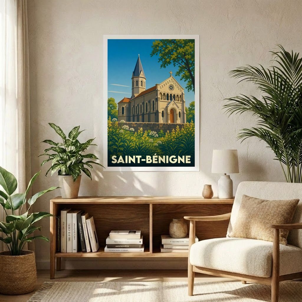Affiche souvenir de la ville de Saint-Bénigne avec une illustration stylisée de son église entourée de fleurs.