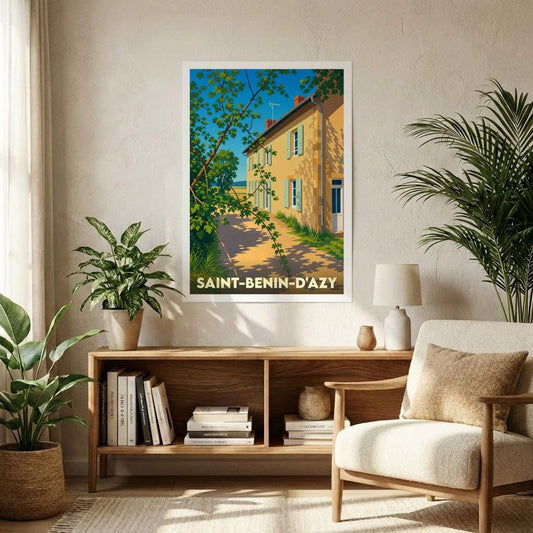 Affiche souvenir de la ville de Saint-Benin-d'Azy avec une illustration stylisée d'une maison ensoleillée.