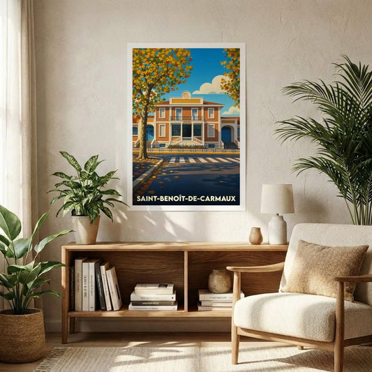 Affiche souvenir de la ville de Saint-Benoît-de-Carmaux avec une illustration stylisée d'un bâtiment historique en automne.