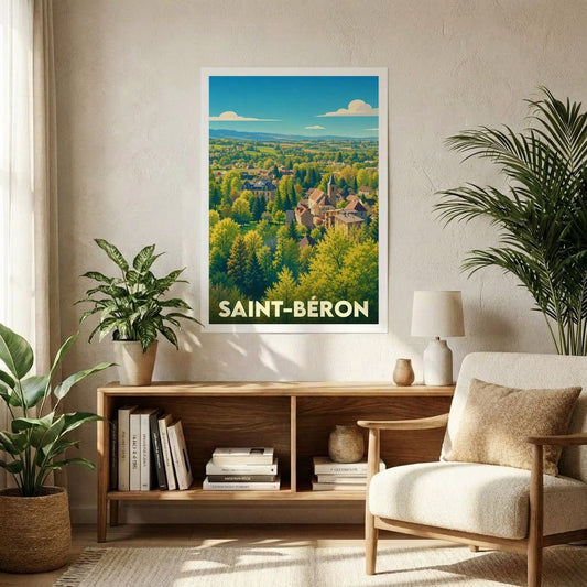 Affiche souvenir grand format de la ville de Saint-Béron présentant une illustration stylisée et colorée de son paysage vallonné.