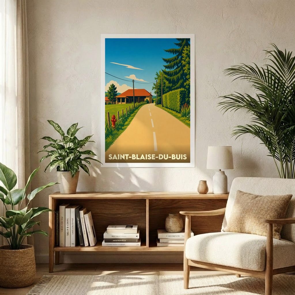 Affiche souvenir de la ville de Saint-Blaise-du-Buis avec une illustration stylisée de ses paysages.