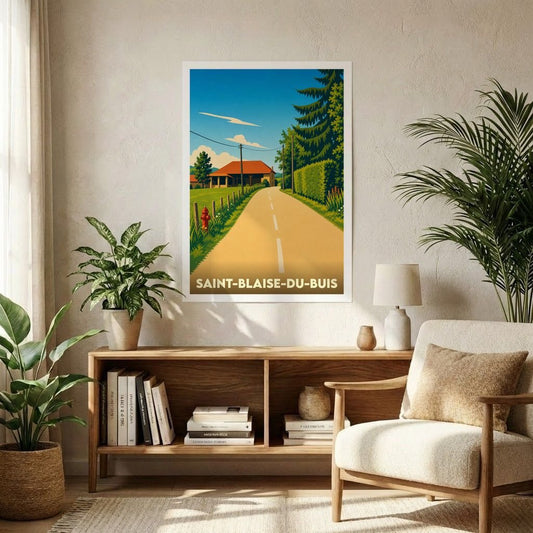 Affiche souvenir de la ville de Saint-Blaise-du-Buis avec une illustration stylisée de ses paysages.