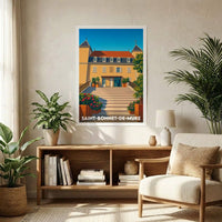 Affiche souvenir de la ville de Saint-Bonnet-de-Mure avec une illustration stylisée de son château.
