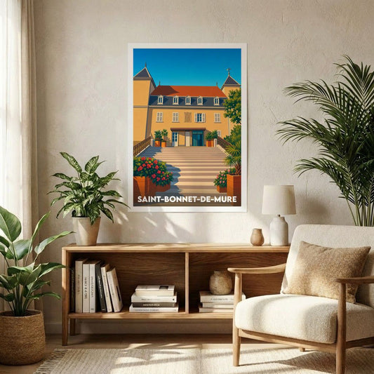 Affiche souvenir de la ville de Saint-Bonnet-de-Mure avec une illustration stylisée de son château.