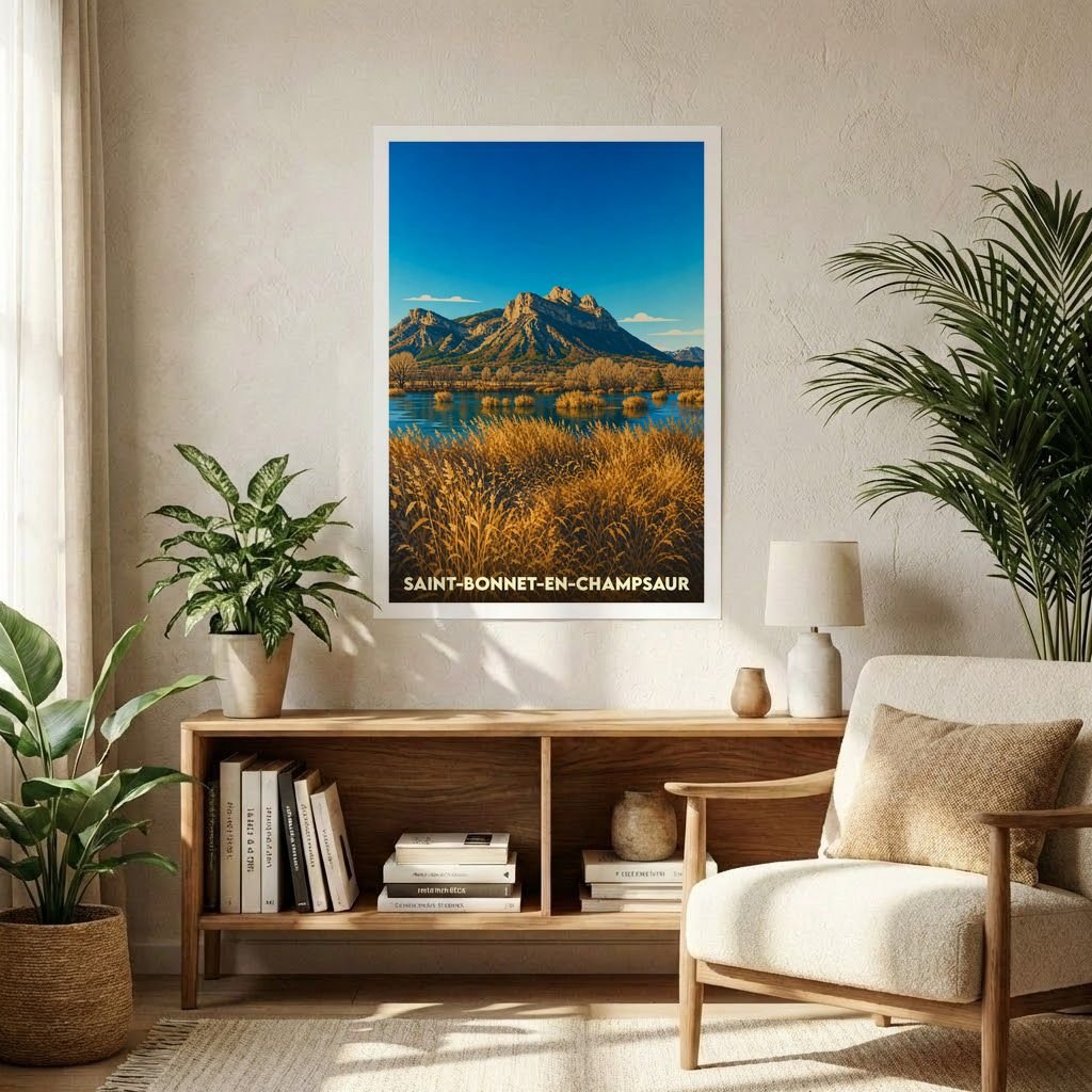 Affiche souvenir de la ville de Saint-Bonnet-en-Champsaur illustrant un paysage de montagne et de marais sous un ciel bleu.