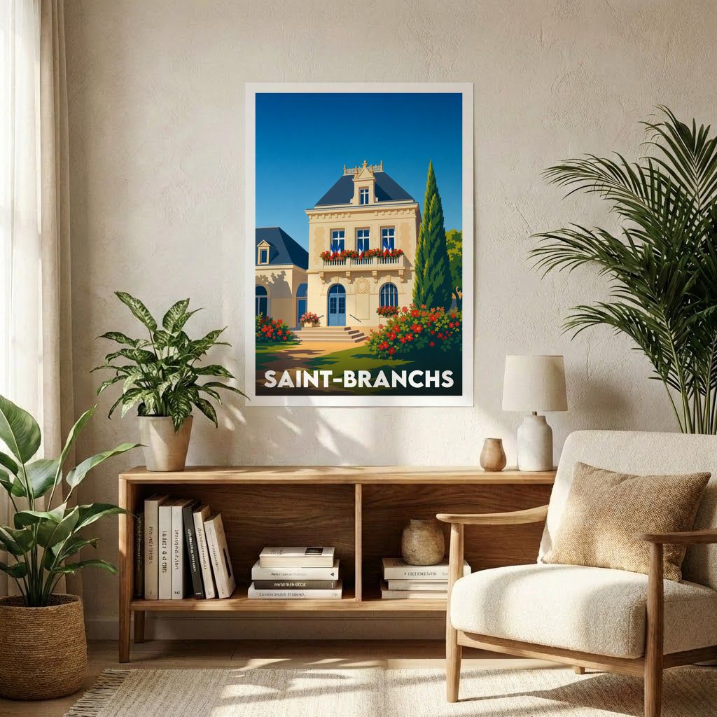 Affiche souvenir de la ville de Saint-Branchs avec une illustration stylisée d'un bâtiment emblématique.