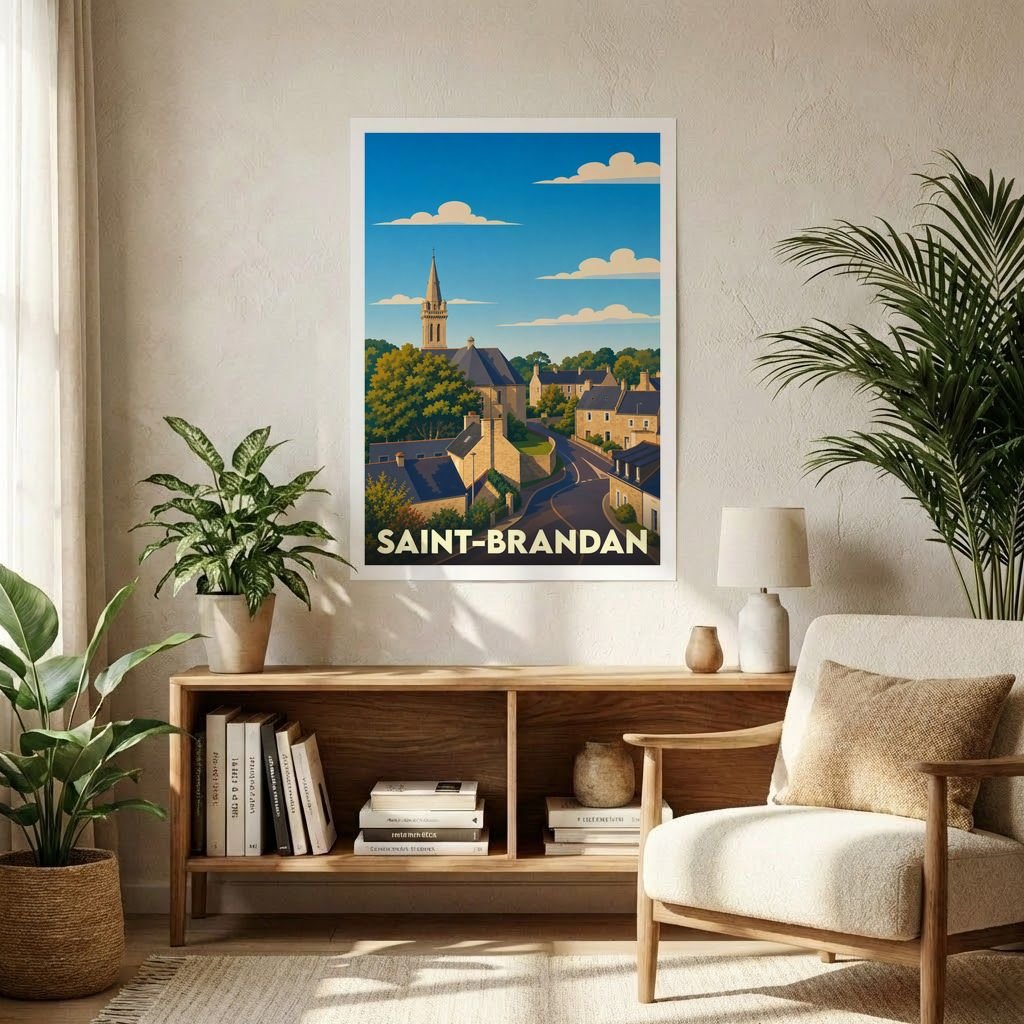 Affiche souvenir de la ville de Saint-Brandan avec une illustration stylisée d'un village pittoresque.