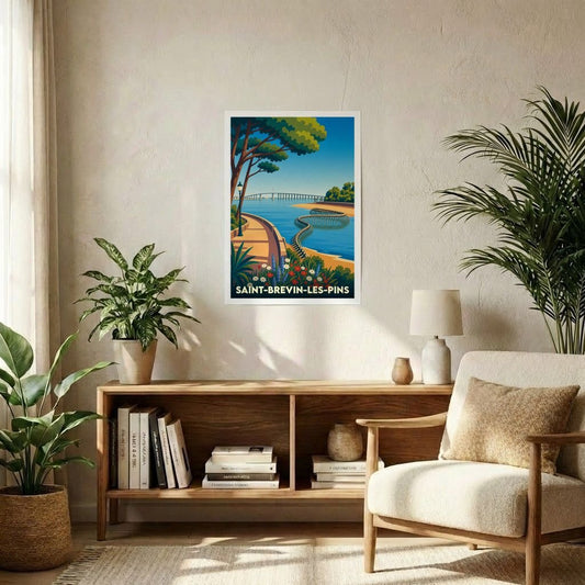Affiche souvenir de la ville de Saint-Brevin-les-Pins représentant l'œuvre du Serpent d'Océan dans un style graphique rétro.