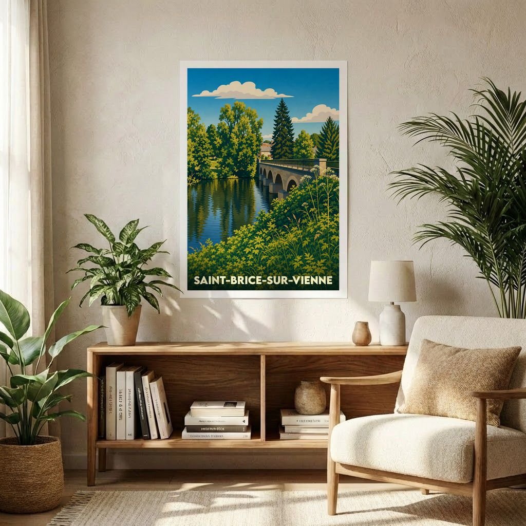 Affiche souvenir de la ville de Saint-Brice-sur-Vienne avec une illustration stylisée d'un pont enjambant une rivière.
