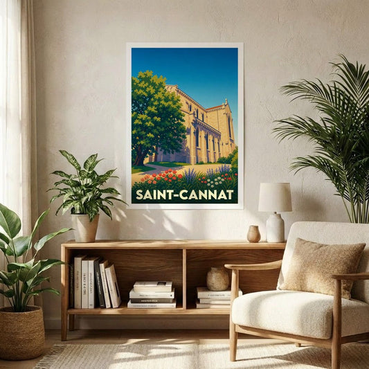 Affiche souvenir de la ville de Saint-Cannat avec une illustration stylisée d'un bâtiment historique et d'un jardin fleuri.