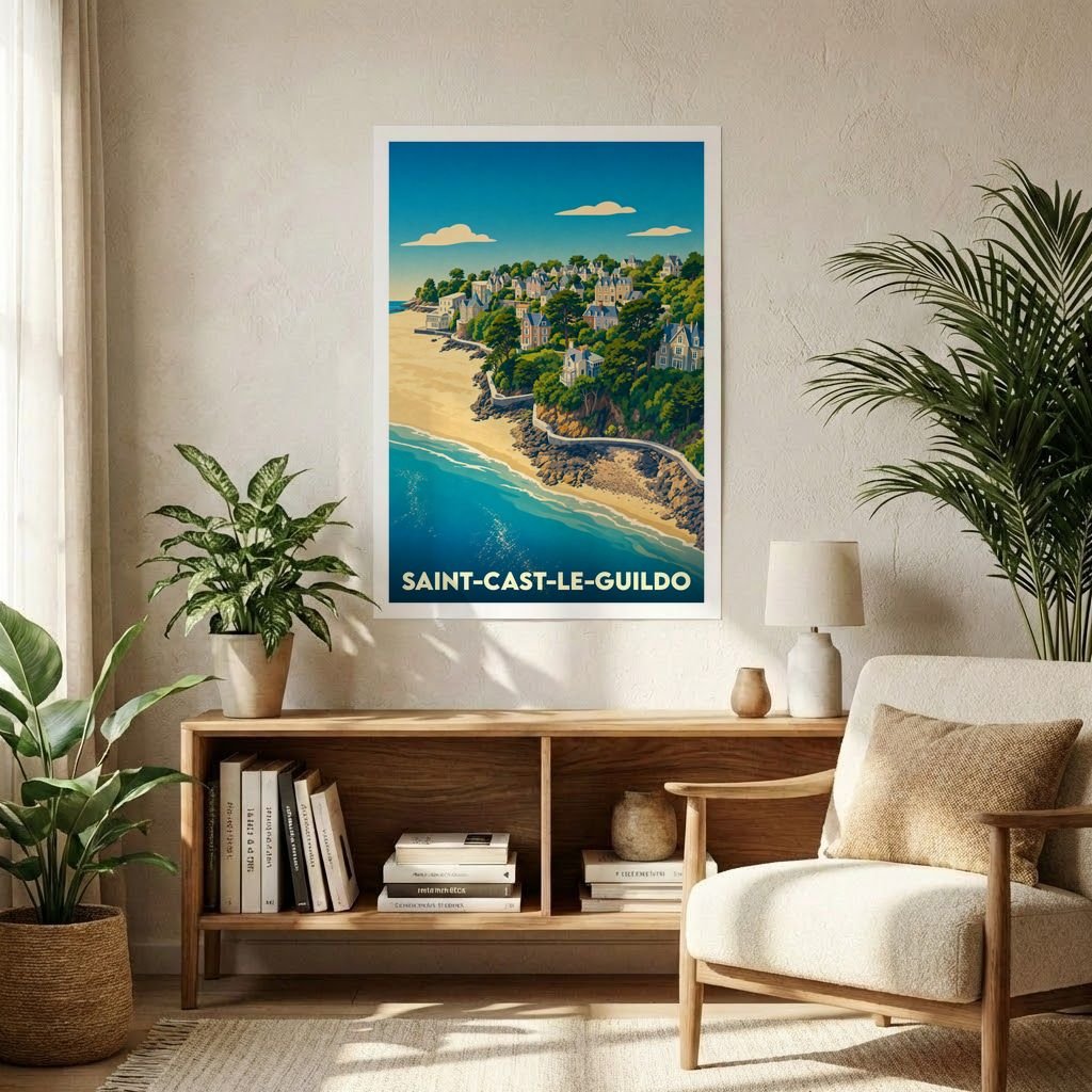 Affiche souvenir de la ville de Saint-Cast-le-Guildo avec une illustration stylisée de son littoral et de ses villas.