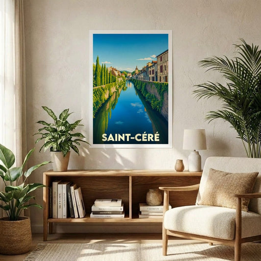 Affiche souvenir de la ville de Saint-Céré avec une illustration stylisée d'un canal bordé de maisons.