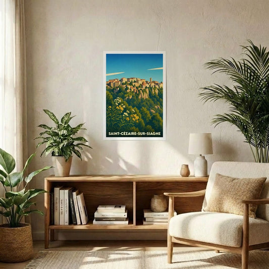 Affiche souvenir de la ville de Saint-Cézaire-sur-Siagne avec une illustration stylisée d'un village perché.