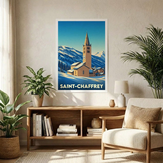 Affiche souvenir de la ville de Saint-Chaffrey représentant une illustration stylisée de son église face aux montagnes enneigées.