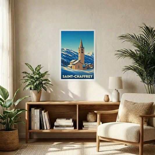 Affiche souvenir de la ville de Saint-Chaffrey avec une illustration stylisée de son église sous la neige.