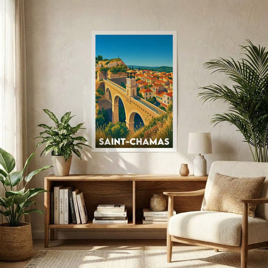 Affiche souvenir de la ville de Saint-Chamas avec une illustration stylisée de son célèbre pont de l'Horloge.