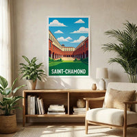 Affiche souvenir de la ville de Saint-Chamond avec une illustration stylisée de son architecture.