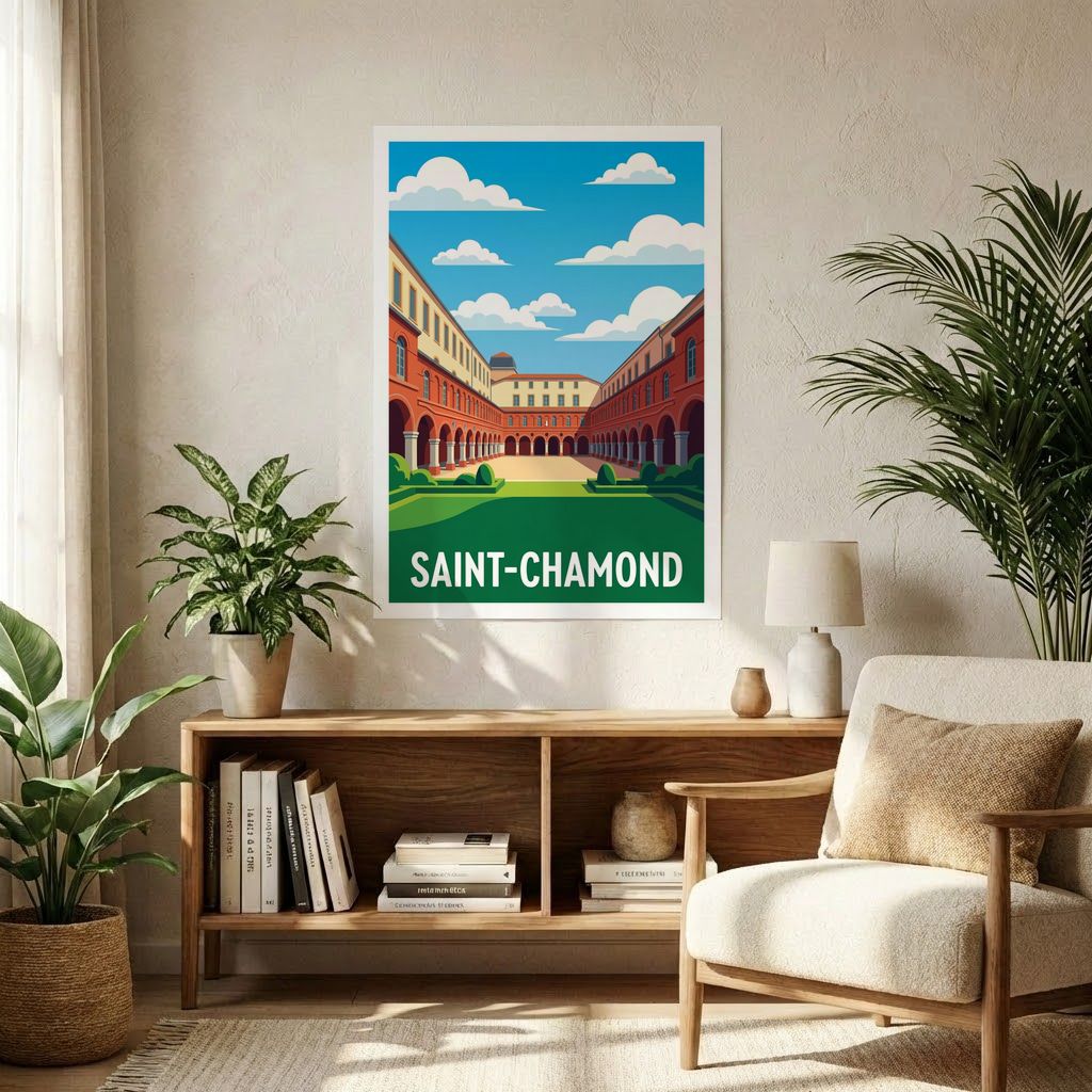 Affiche souvenir de la ville de Saint-Chamond avec une illustration stylisée de son architecture.