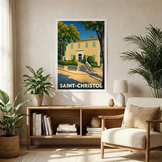 Affiche souvenir de la ville de Saint-Christol avec une illustration stylisée d'un bâtiment provençal sous le soleil.