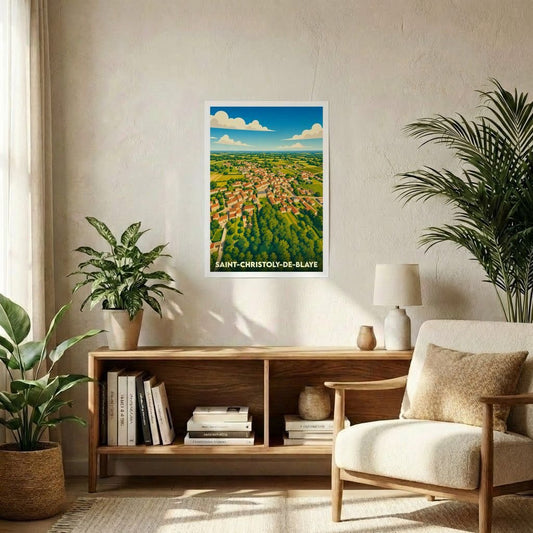 Affiche souvenir de la ville de Saint-Christoly-de-Blaye avec une illustration stylisée vue du ciel.