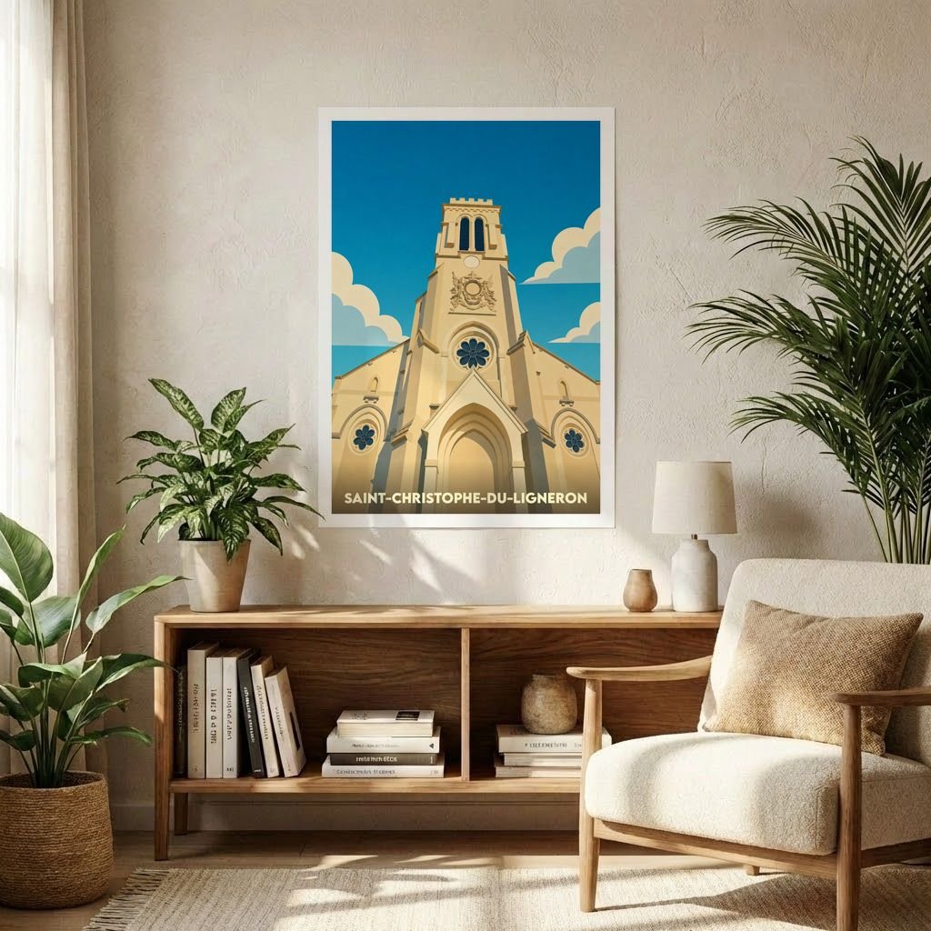 Affiche souvenir de la ville de Saint-Christophe-du-Ligneron avec une illustration stylisée de son église.