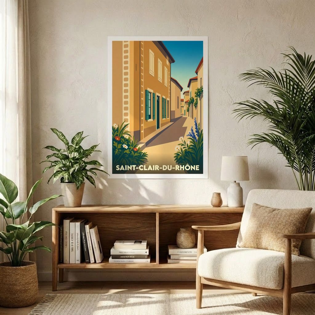 Affiche souvenir de la ville de Saint-Clair-du-Rhône présentant une illustration stylisée d'une rue ensoleillée.