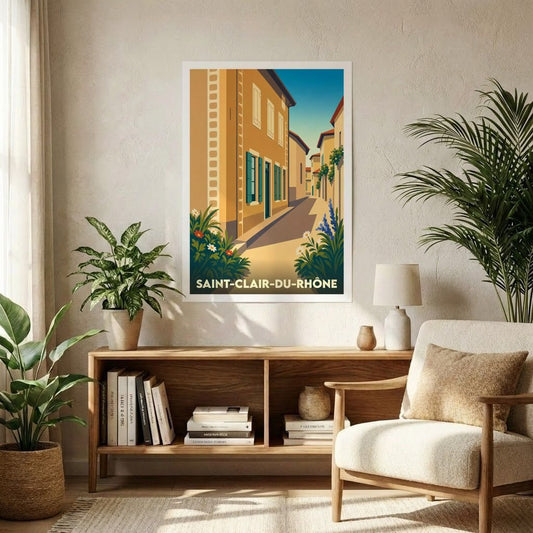 Affiche souvenir de la ville de Saint-Clair-du-Rhône présentant une illustration stylisée d'une rue ensoleillée.