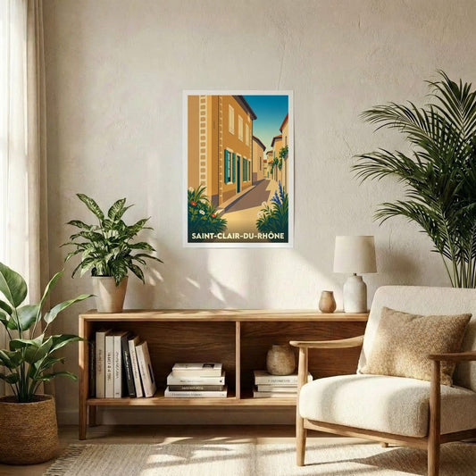 Affiche souvenir de la ville de Saint-Clair-du-Rhône avec une illustration stylisée.
