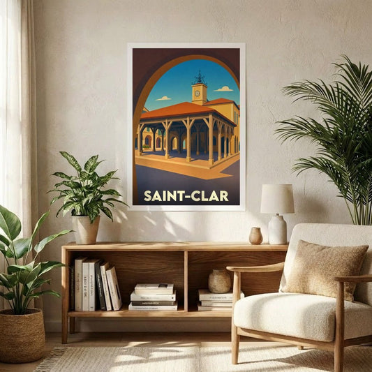 Affiche souvenir de la ville de Saint-Clar présentant une illustration stylisée de sa halle historique.