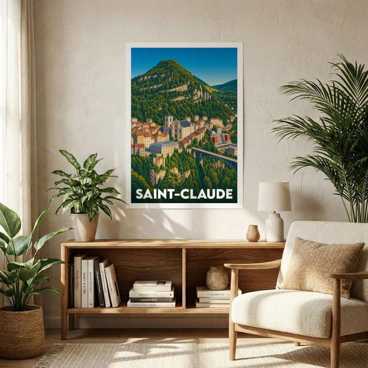 Affiche souvenir de la ville de Saint-Claude avec une illustration stylisée nichée dans les montagnes.