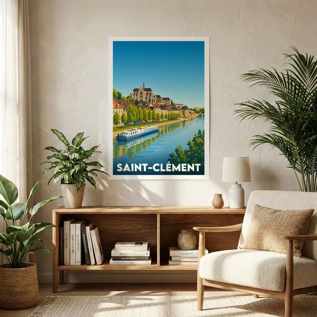 Affiche souvenir de la ville de Saint-Clément avec une illustration stylisée de son paysage fluvial.