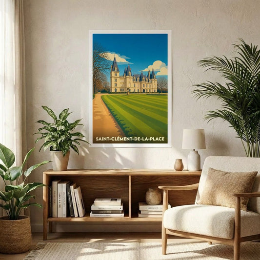 Affiche souvenir de la ville de Saint-Clément-de-la-Place représentant son château dans un style vintage.