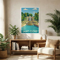 Affiche souvenir de la ville de Saint-Cloud avec une illustration stylisée de sa grande cascade.