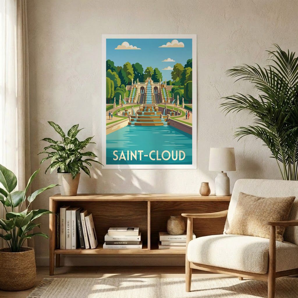 Affiche souvenir de la ville de Saint-Cloud avec une illustration stylisée de sa grande cascade.