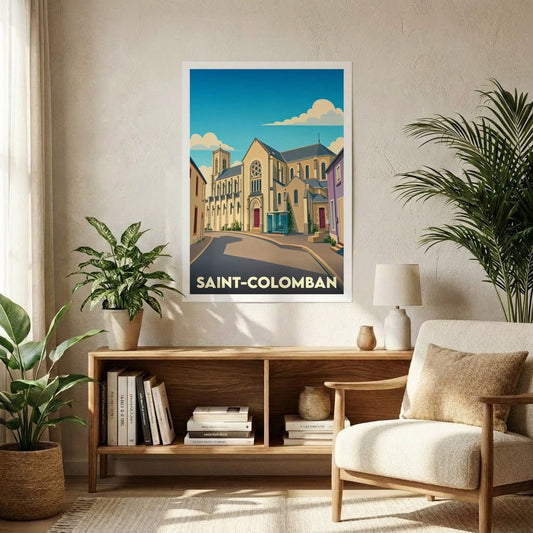 Affiche souvenir de la ville de Saint-Colomban avec une illustration stylisée de son église sous un ciel bleu.
