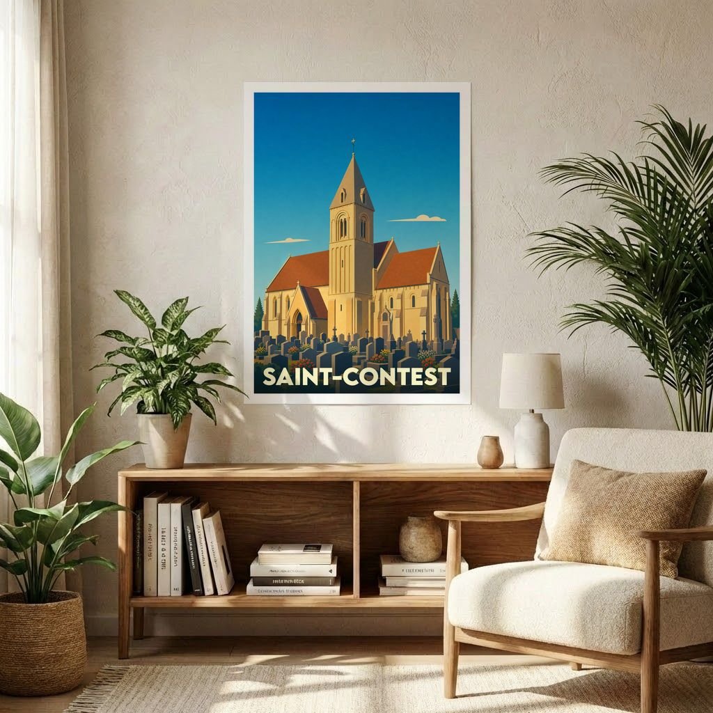 Affiche souvenir de la ville de Saint-Contest avec une illustration stylisée de son église.
