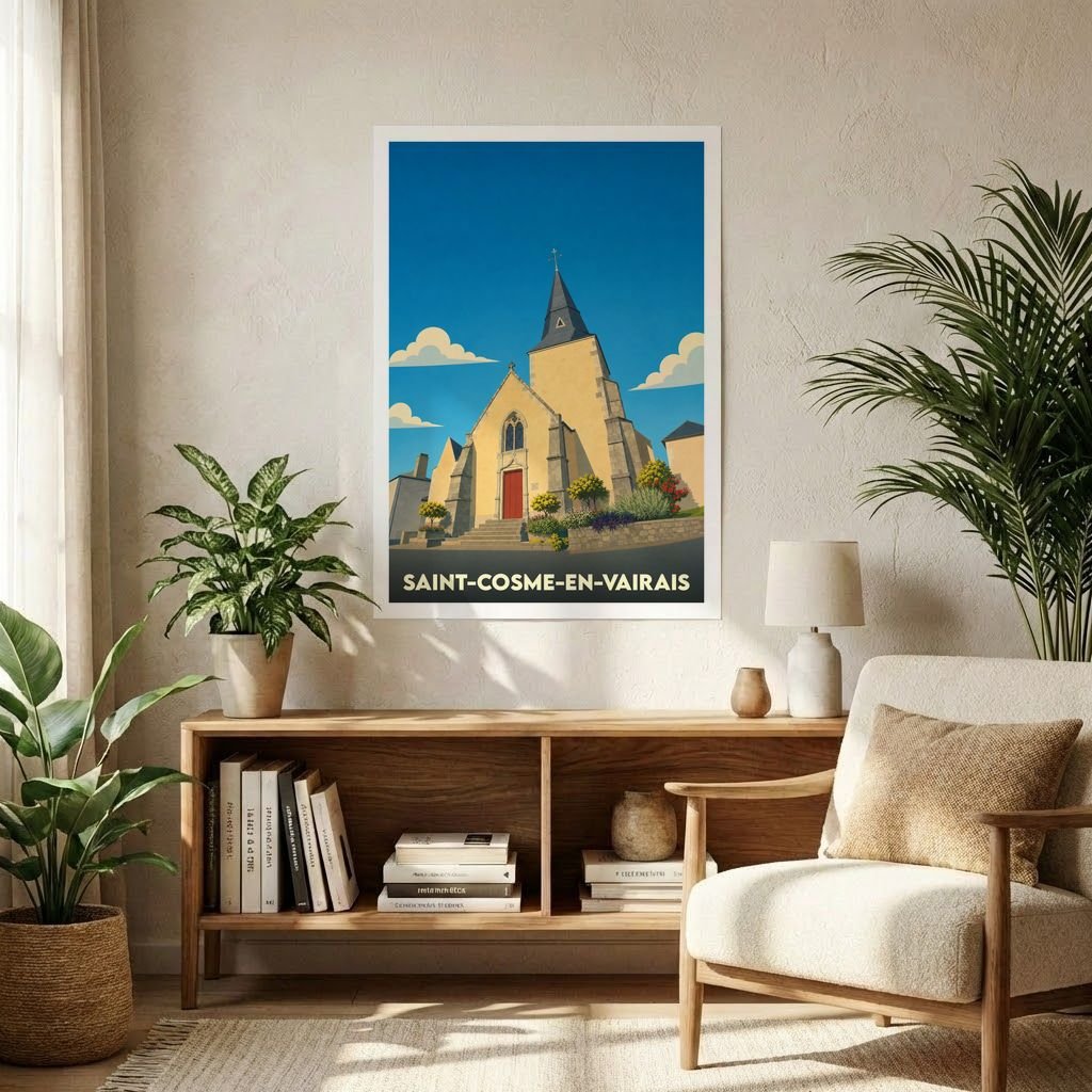 Affiche souvenir de la ville de Saint-Cosme-en-Vairais avec une illustration stylisée de son église.