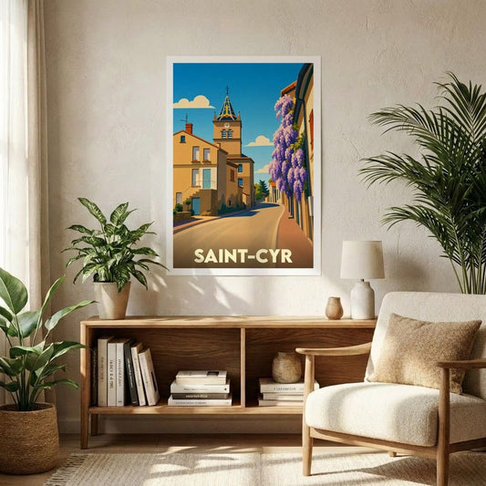 Affiche souvenir de la ville de Saint-Cyr présentant une illustration stylisée d'une rue ensoleillée et de son clocher.