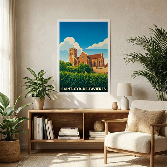 Affiche souvenir de la ville de Saint-Cyr-de-Favières avec une illustration stylisée de son église.