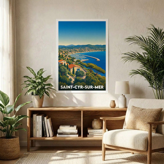 Affiche souvenir de la ville de Saint-Cyr-sur-Mer avec une illustration stylisée de sa baie.
