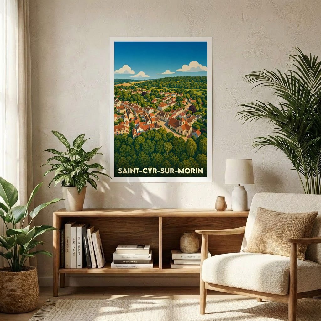 Affiche souvenir de la ville de Saint-Cyr-sur-Morin représentant une illustration stylisée du village niché dans une vallée verdoyante.