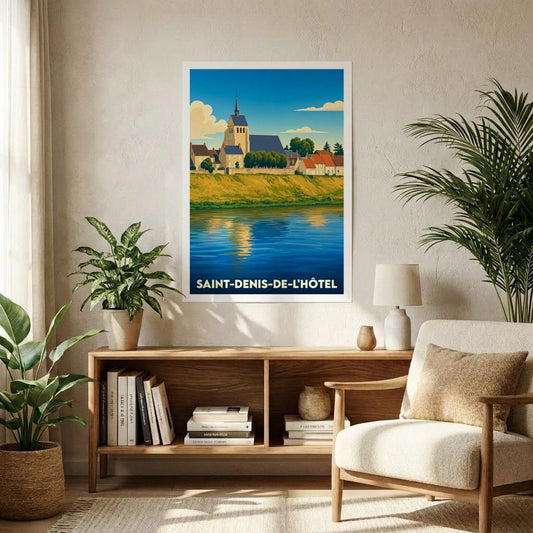 Affiche souvenir de la ville de Saint-Denis-de-l'Hôtel présentant une illustration stylisée des bords de Loire et de son église.