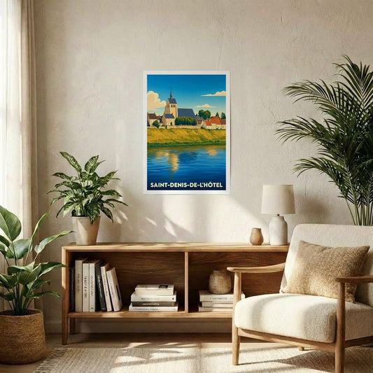 Affiche souvenir de la ville de Saint-Denis-de-l'Hôtel avec une illustration stylisée des bords de Loire.