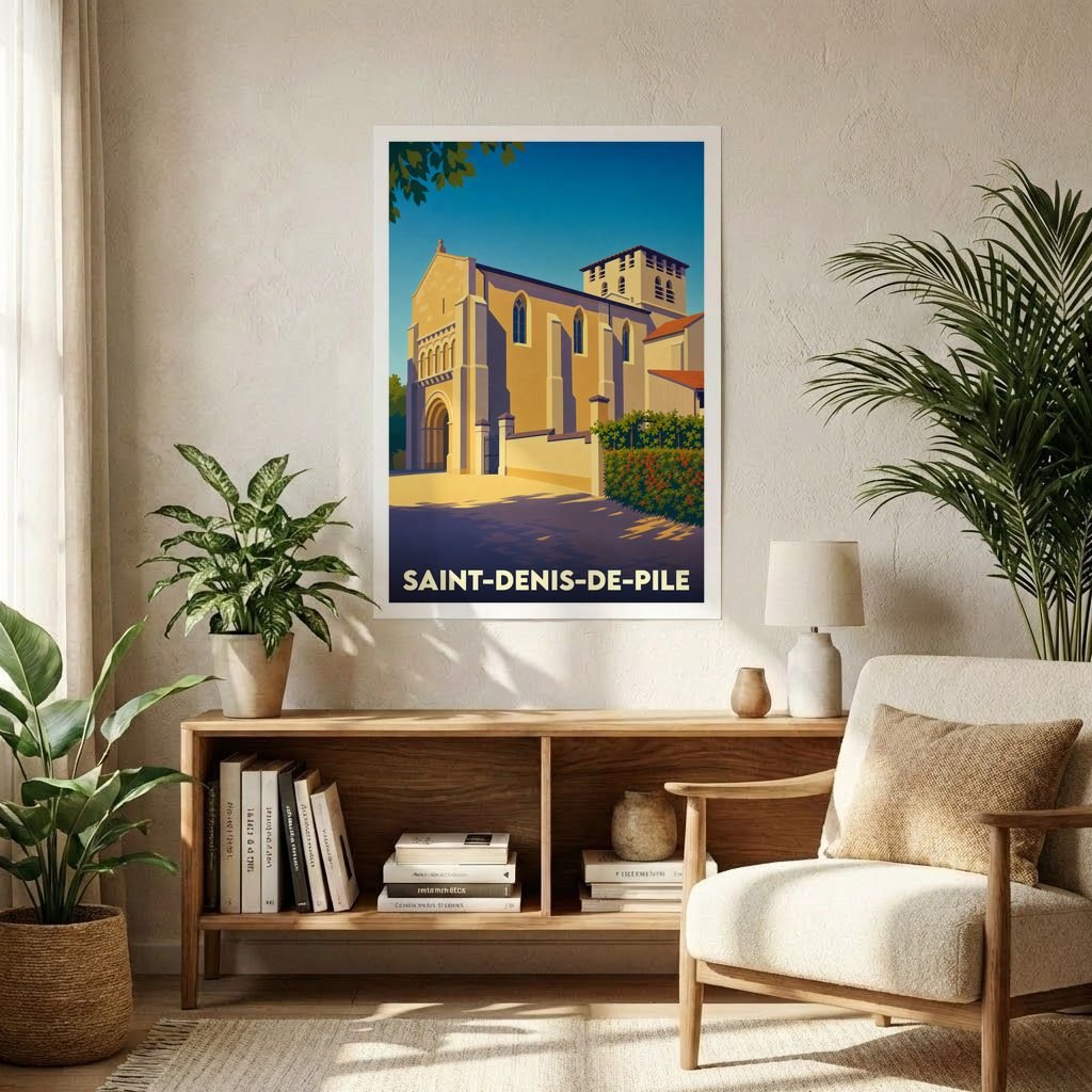 Affiche souvenir de la ville de Saint-Denis-de-Pile représentant son église dans un style graphique épuré.